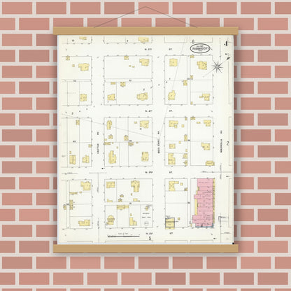 Old map wall art mockup — magnetic wood frame on brick wall — Sanborn Fire Insurance Map from Hubbard, Hill County, Texas (1909), Sheet #0004