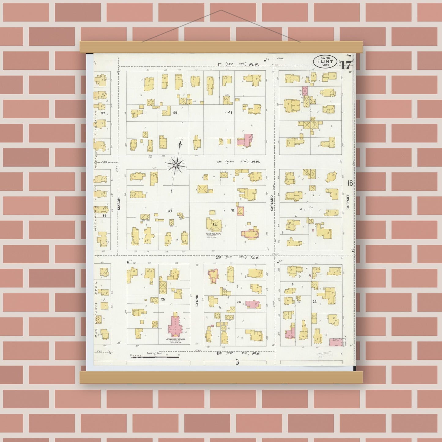 Old map wall art mockup — magnetic wood frame on brick wall — Sanborn Fire Insurance Map from Flint, Genesee County, Michigan (1902), Sheet #0017