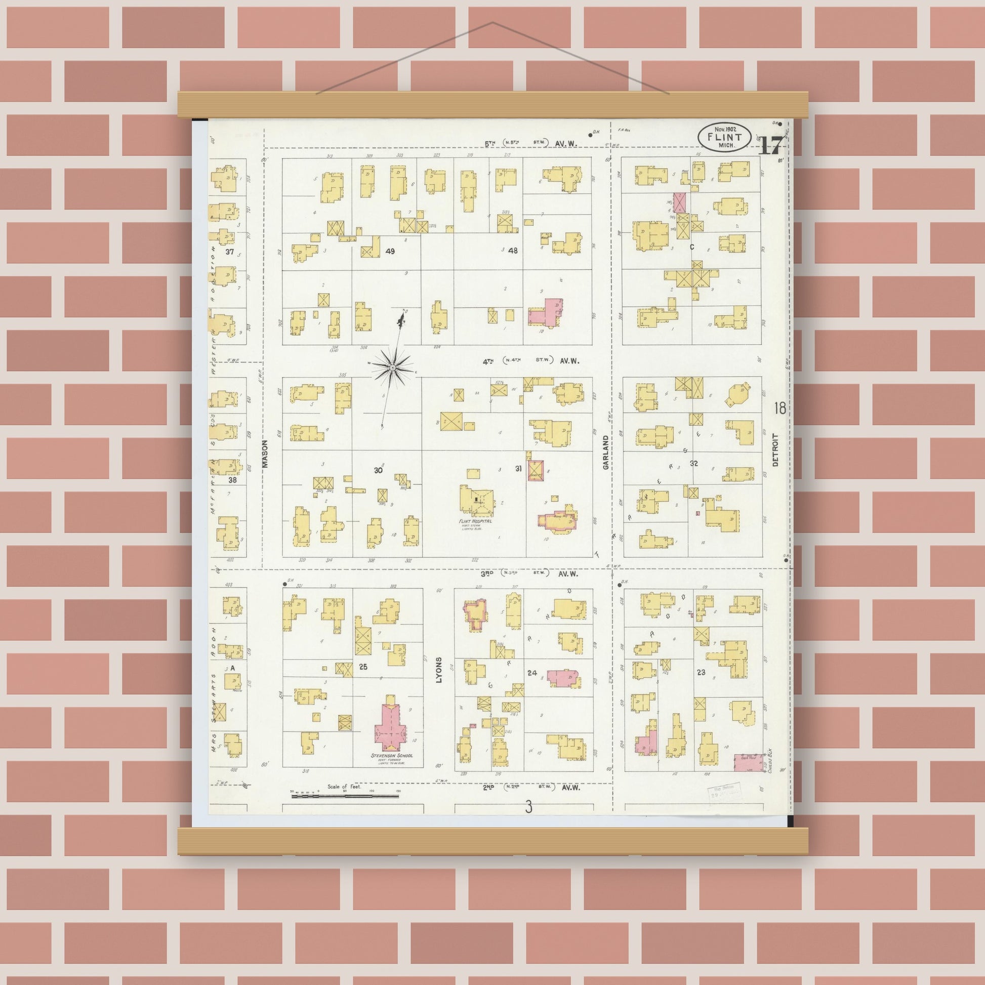 Old map wall art mockup — magnetic wood frame on brick wall — Sanborn Fire Insurance Map from Flint, Genesee County, Michigan (1902), Sheet #0017