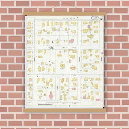 Old map wall art mockup — magnetic wood frame on brick wall — Sanborn Fire Insurance Map from Flint, Genesee County, Michigan (1902), Sheet #0017