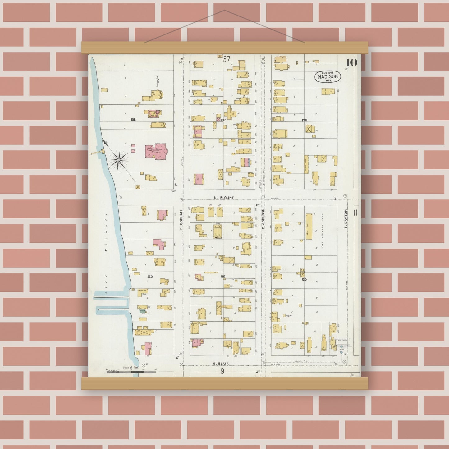 Old map wall art mockup — magnetic wood frame on brick wall — Sanborn Fire Insurance Map from Madison, Dane County, Wisconsin (1902), Sheet #0010