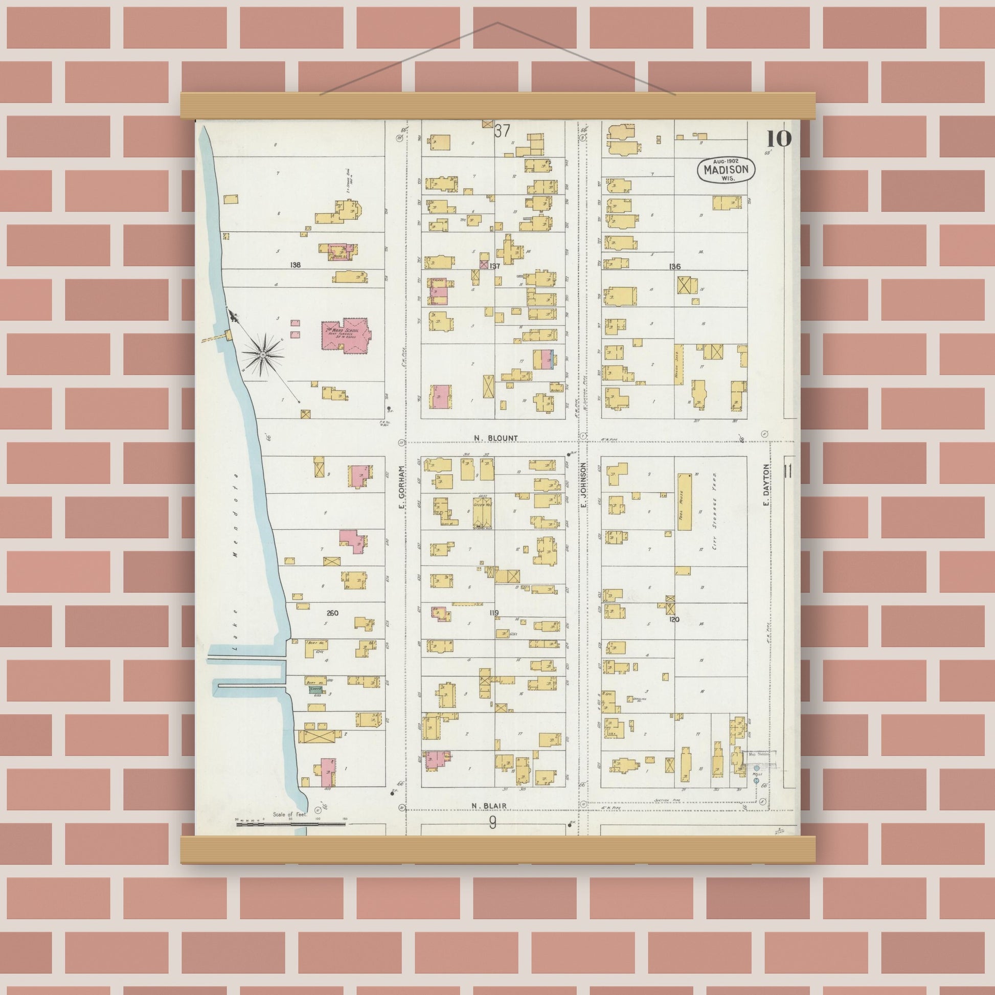 Old map wall art mockup — magnetic wood frame on brick wall — Sanborn Fire Insurance Map from Madison, Dane County, Wisconsin (1902), Sheet #0010