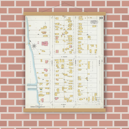 Old map wall art mockup — magnetic wood frame on brick wall — Sanborn Fire Insurance Map from Madison, Dane County, Wisconsin (1902), Sheet #0010