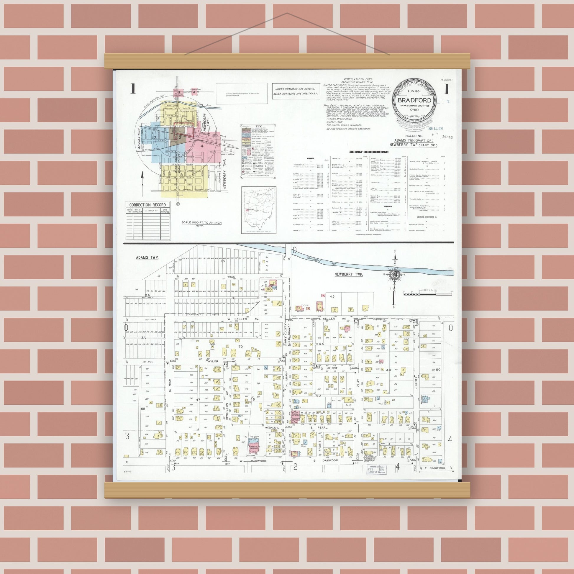 Old map wall art mockup — magnetic wood frame on brick wall — Sanborn Fire Insurance Map from Bradford, Darke and Miami Counties, Ohio (1951) - Complete Map Set