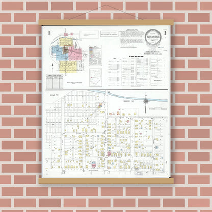 Old map wall art mockup — magnetic wood frame on brick wall — Sanborn Fire Insurance Map from Bradford, Darke and Miami Counties, Ohio (1951) - Complete Map Set