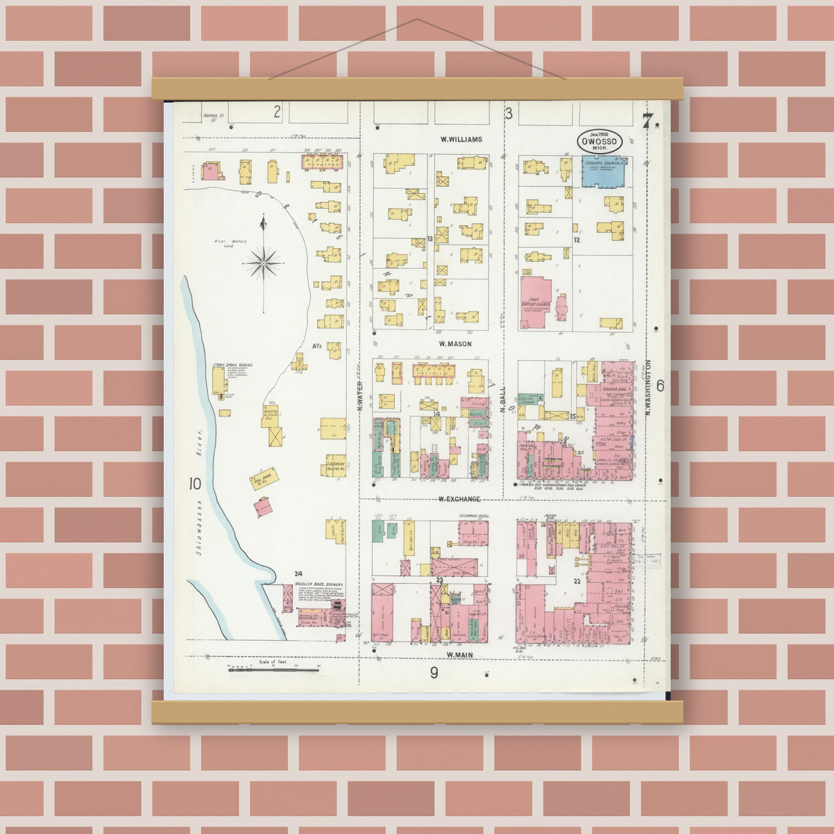 Old map wall art mockup — magnetic wood frame on brick wall — Sanborn Fire Insurance Map from Owosso, Shiawassee County, Michigan (1900), Sheet #0007