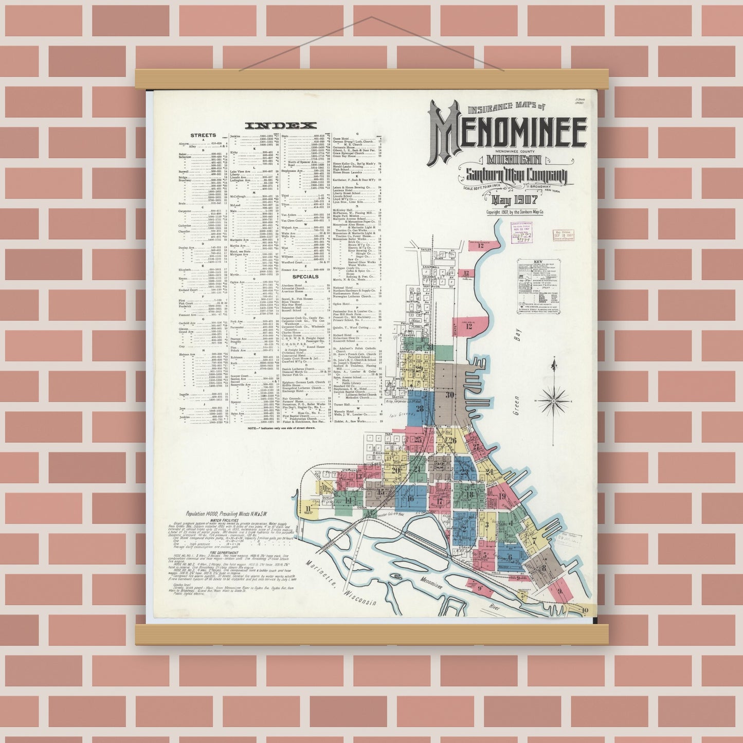 Old map wall art mockup — magnetic wood frame on brick wall — Sanborn Fire Insurance Map from Menominee, Menominee County, Michigan (1907), Sheet #0001