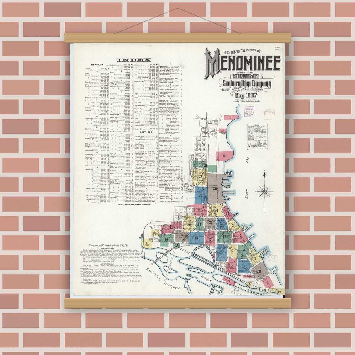 Old map wall art mockup — magnetic wood frame on brick wall — Sanborn Fire Insurance Map from Menominee, Menominee County, Michigan (1907), Sheet #0001
