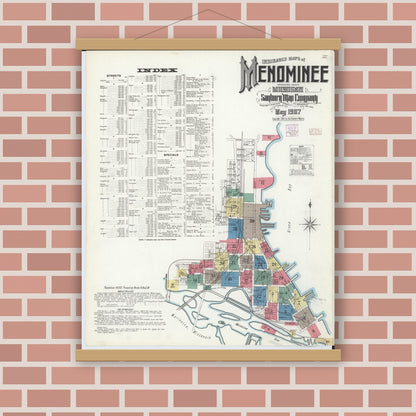 Old map wall art mockup — magnetic wood frame on brick wall — Sanborn Fire Insurance Map from Menominee, Menominee County, Michigan (1907), Sheet #0001