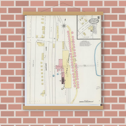 Old map wall art mockup — magnetic wood frame on brick wall — Sanborn Fire Insurance Map from Mancelona, Antrim County, Michigan (1890), Sheet #0002