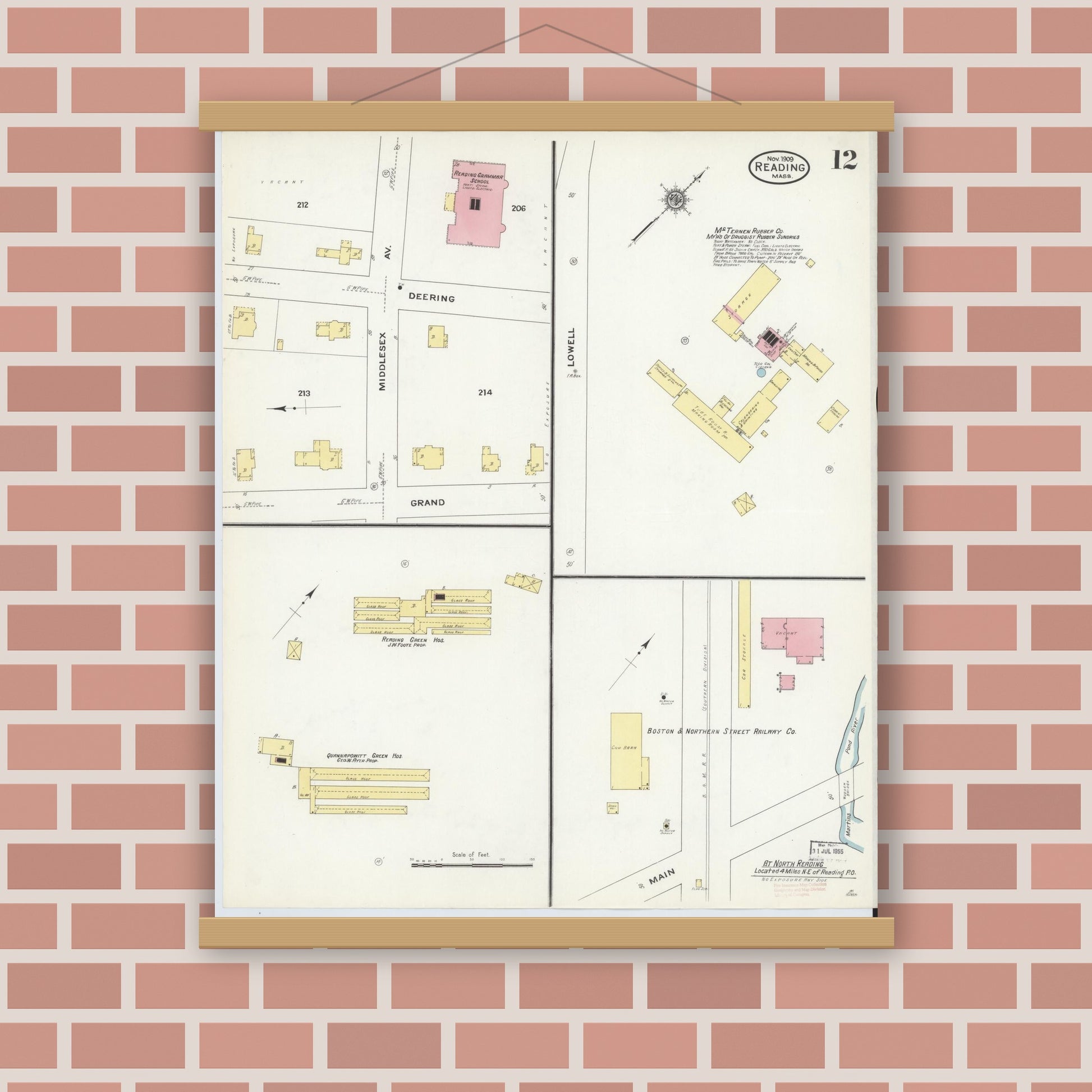 Old map wall art mockup — magnetic wood frame on brick wall — Sanborn Fire Insurance Map from Reading, Middlesex County, Massachusetts (1909), Sheet #0012