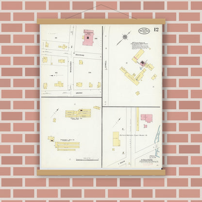 Old map wall art mockup — magnetic wood frame on brick wall — Sanborn Fire Insurance Map from Reading, Middlesex County, Massachusetts (1909), Sheet #0012