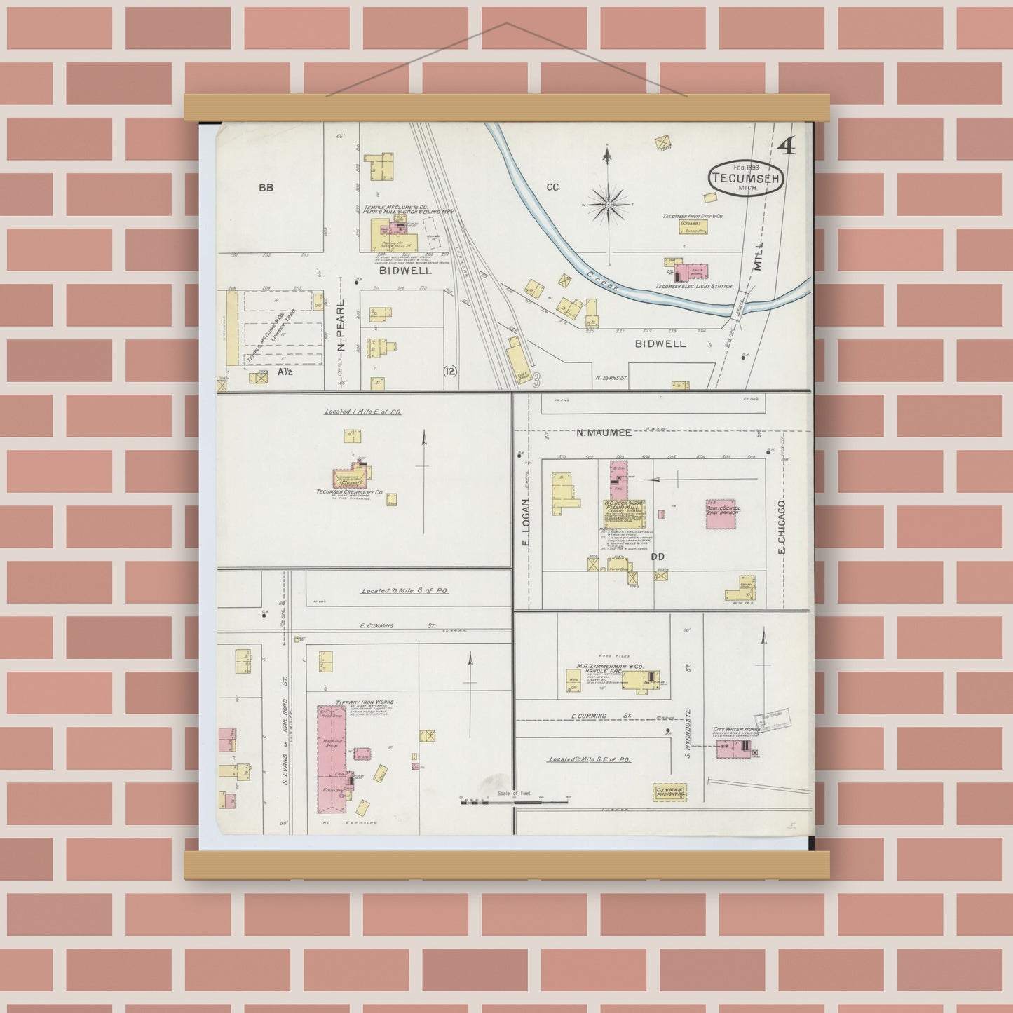 Old map wall art mockup — magnetic wood frame on brick wall — Sanborn Fire Insurance Map from Tecumseh, Lenawee County, Michigan (1893), Sheet #0004