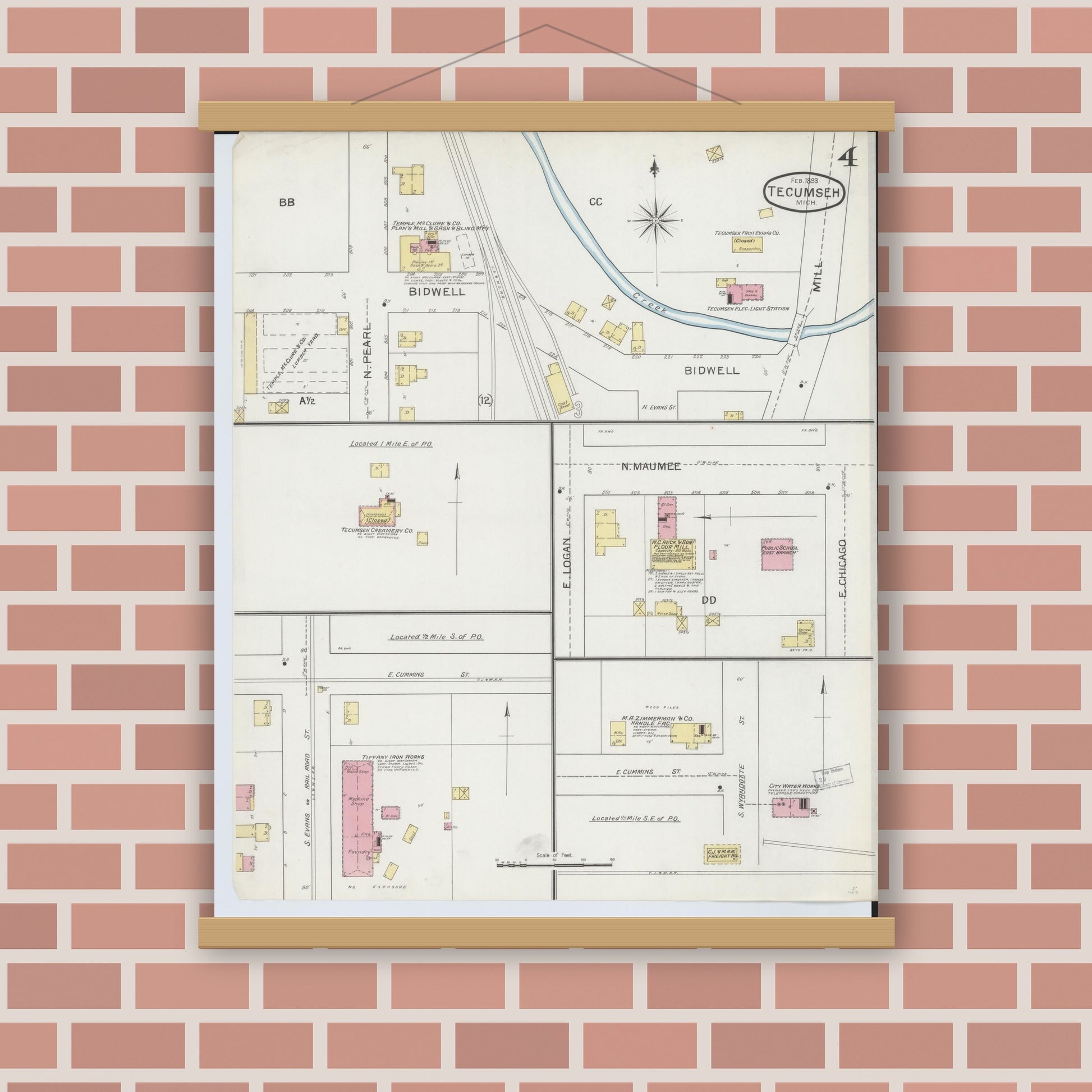 Old map wall art mockup — magnetic wood frame on brick wall — Sanborn Fire Insurance Map from Tecumseh, Lenawee County, Michigan (1893), Sheet #0004