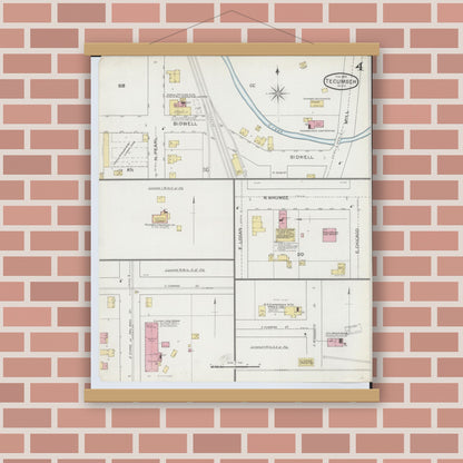 Old map wall art mockup — magnetic wood frame on brick wall — Sanborn Fire Insurance Map from Tecumseh, Lenawee County, Michigan (1893), Sheet #0004