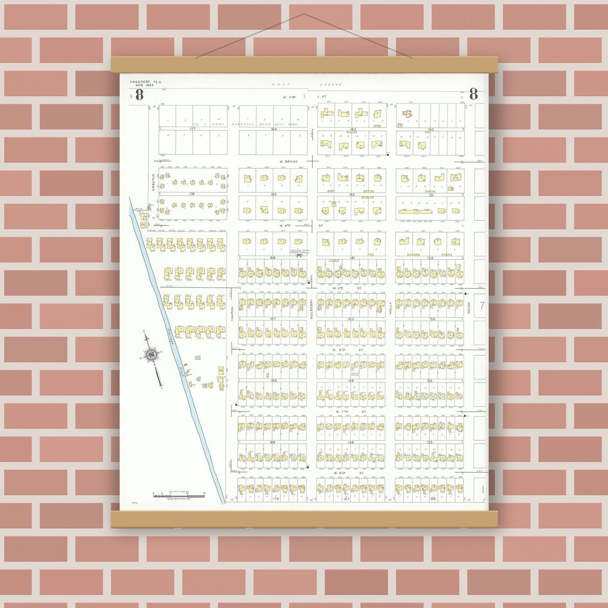 Old map wall art mockup — magnetic wood frame on brick wall — Sanborn Fire Insurance Map from Freeport, Brazoria County, Texas (1943), Sheet #0008