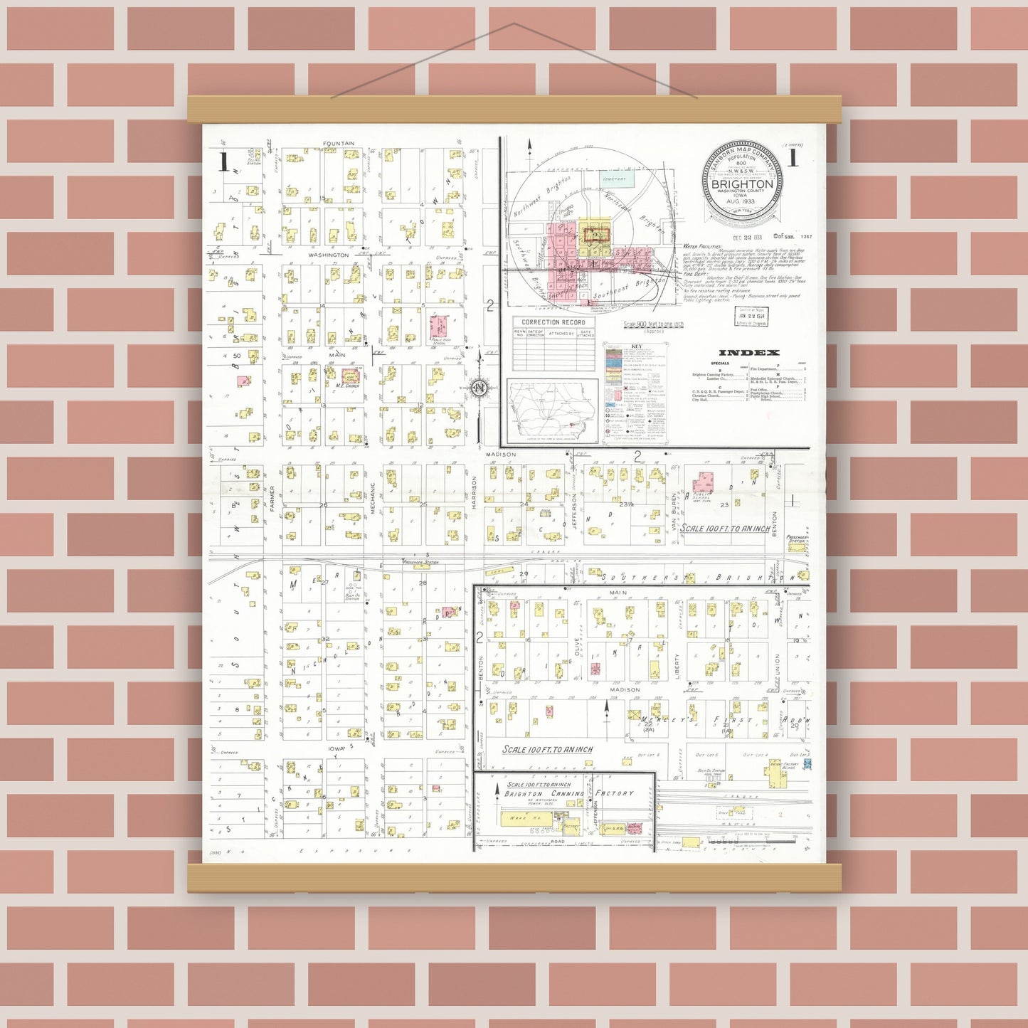 Old map wall art mockup — magnetic wood frame on brick wall — Sanborn Fire Insurance Map from Brighton, Washington County, Iowa (1933) â€” Complete Set
