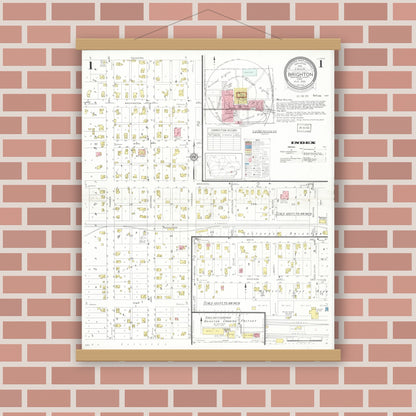Old map wall art mockup — magnetic wood frame on brick wall — Sanborn Fire Insurance Map from Brighton, Washington County, Iowa (1933) â€” Complete Set