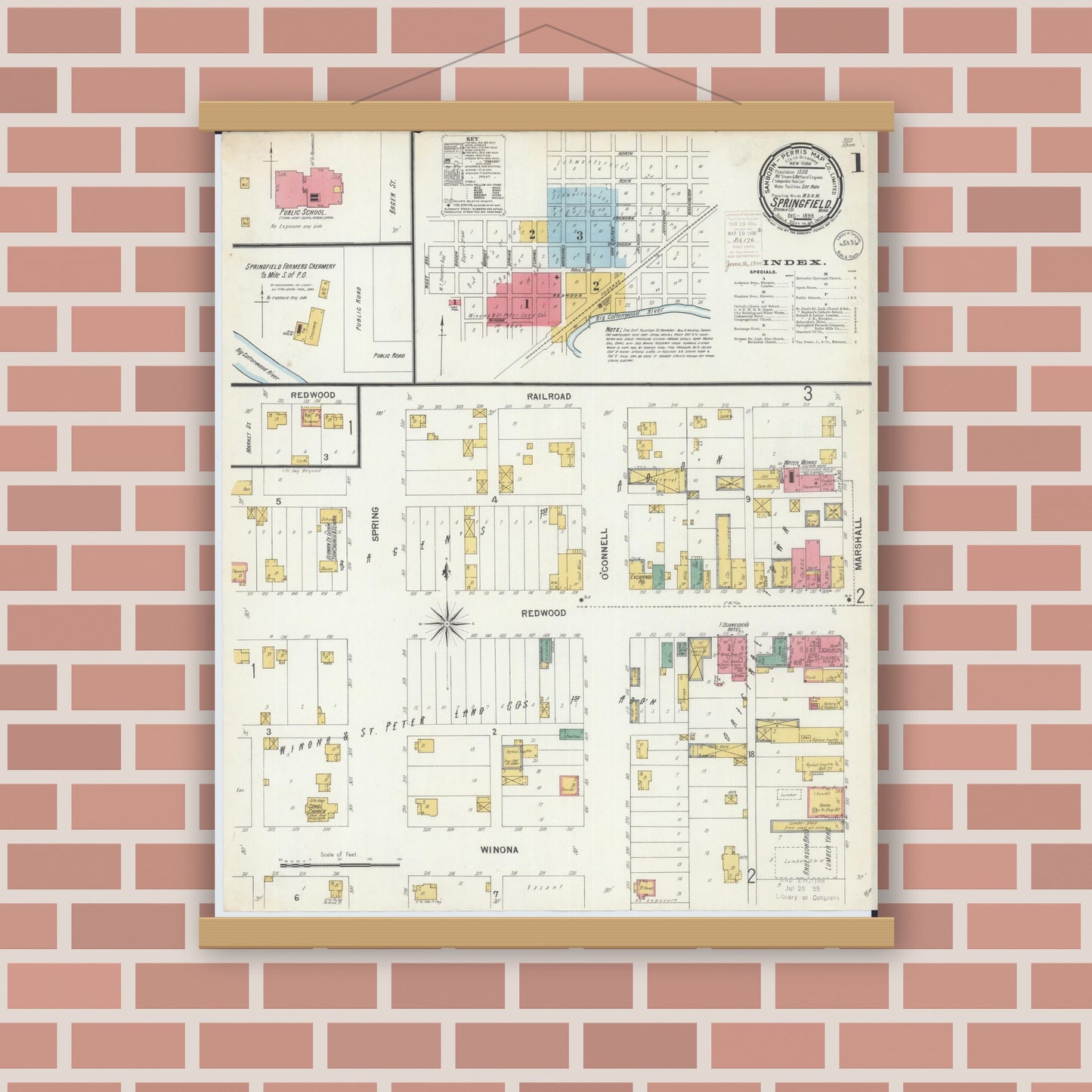 Old map wall art mockup — magnetic wood frame on brick wall — Sanborn Fire Insurance Map from Springfield, Brown County, Minnesota (1899) - Complete Map Set