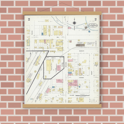 Old map wall art mockup — magnetic wood frame on brick wall — Sanborn Fire Insurance Map from Pelican Rapids, Otter Tail County, Minnesota (1924), Sheet #0002