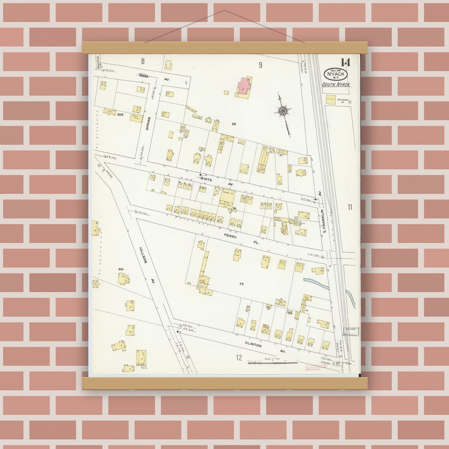 Old map wall art mockup — magnetic wood frame on brick wall — Sanborn Fire Insurance Map from Nyack, Rockland County, New York. (1910), Sheet #0014