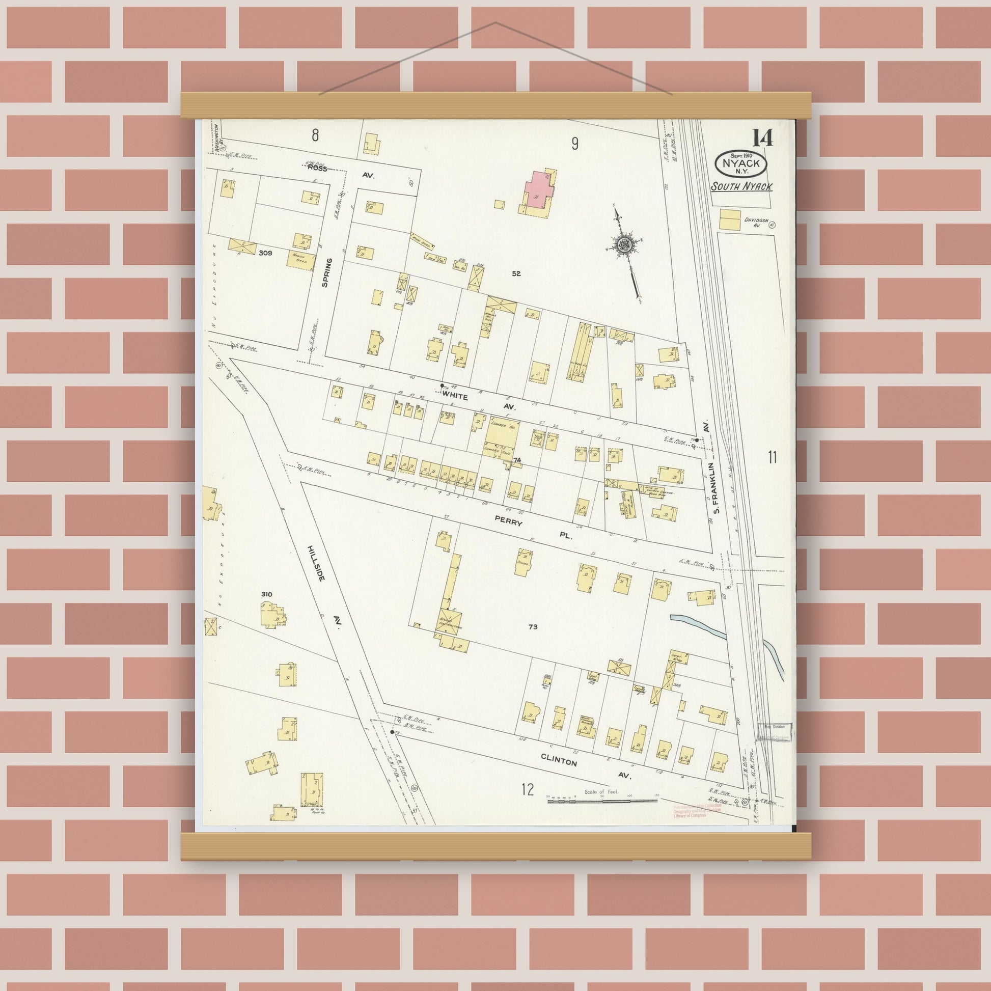 Old map wall art mockup — magnetic wood frame on brick wall — Sanborn Fire Insurance Map from Nyack, Rockland County, New York. (1910), Sheet #0014