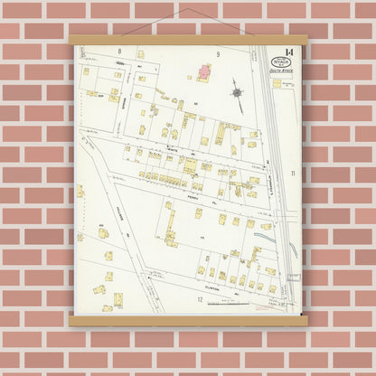 Old map wall art mockup — magnetic wood frame on brick wall — Sanborn Fire Insurance Map from Nyack, Rockland County, New York. (1910), Sheet #0014