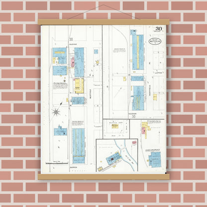 Old map wall art mockup — magnetic wood frame on brick wall — Sanborn Fire Insurance Map from Waterloo, Black Hawk County, Iowa (1906), Sheet #0030
