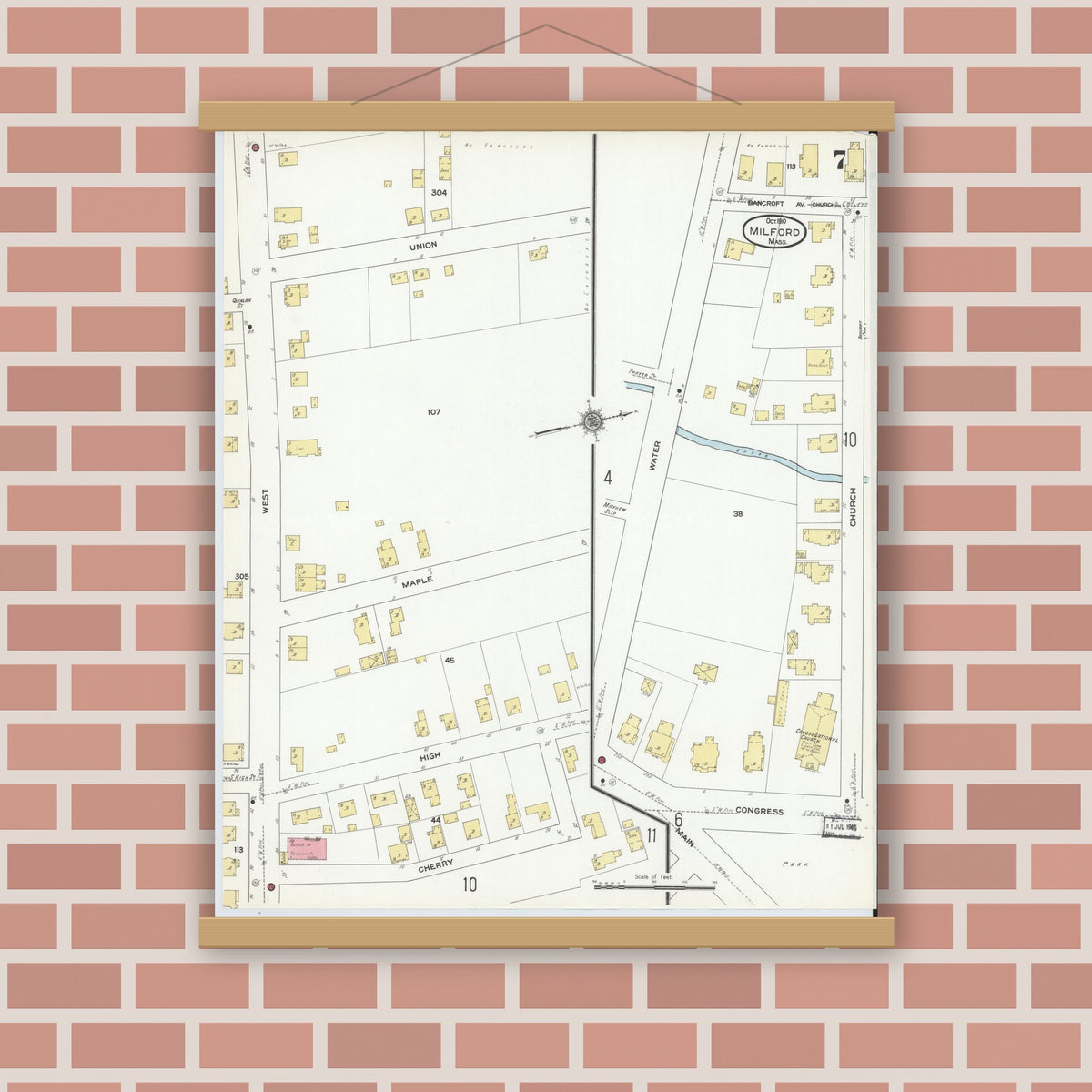 Old map wall art mockup — magnetic wood frame on brick wall — Sanborn Fire Insurance Map from Milford, Worcester County, Massachusetts (1910), Sheet #0007