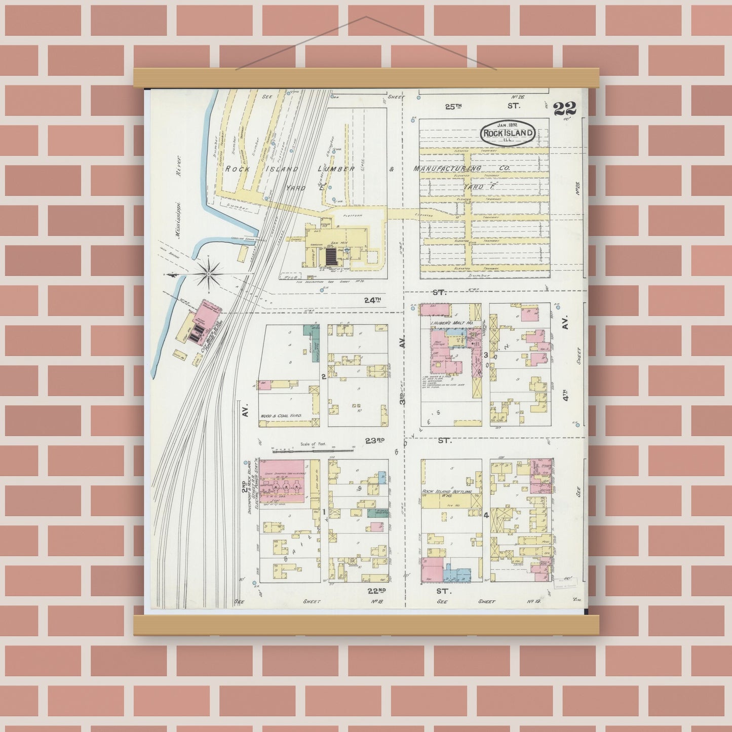 Old map wall art mockup — magnetic wood frame on brick wall — Sanborn Fire Insurance Map from Rock Island, Rock Island County, Illinois (1892), Sheet #0022
