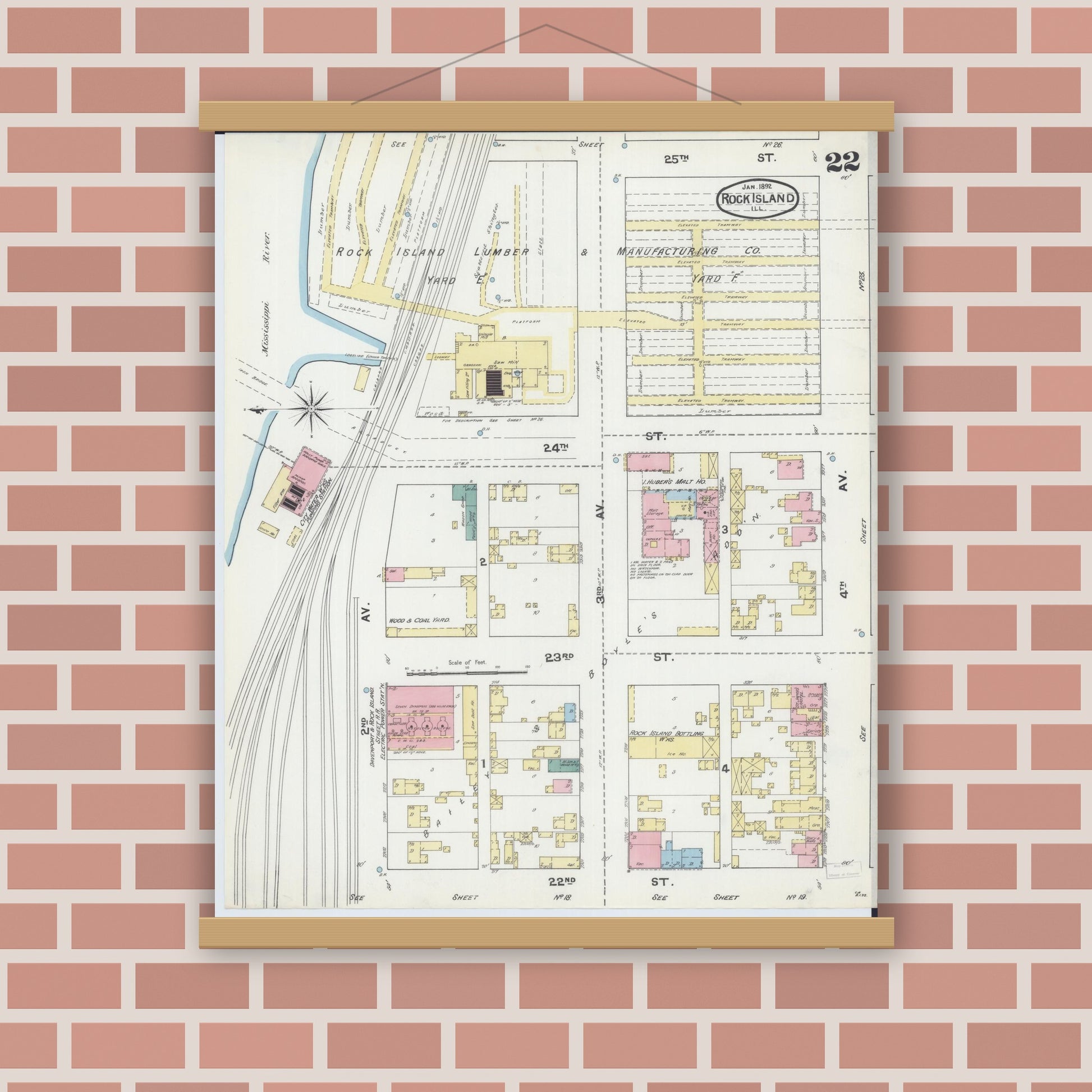 Old map wall art mockup — magnetic wood frame on brick wall — Sanborn Fire Insurance Map from Rock Island, Rock Island County, Illinois (1892), Sheet #0022