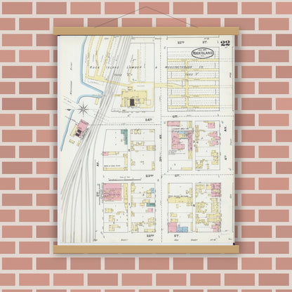 Old map wall art mockup — magnetic wood frame on brick wall — Sanborn Fire Insurance Map from Rock Island, Rock Island County, Illinois (1892), Sheet #0022