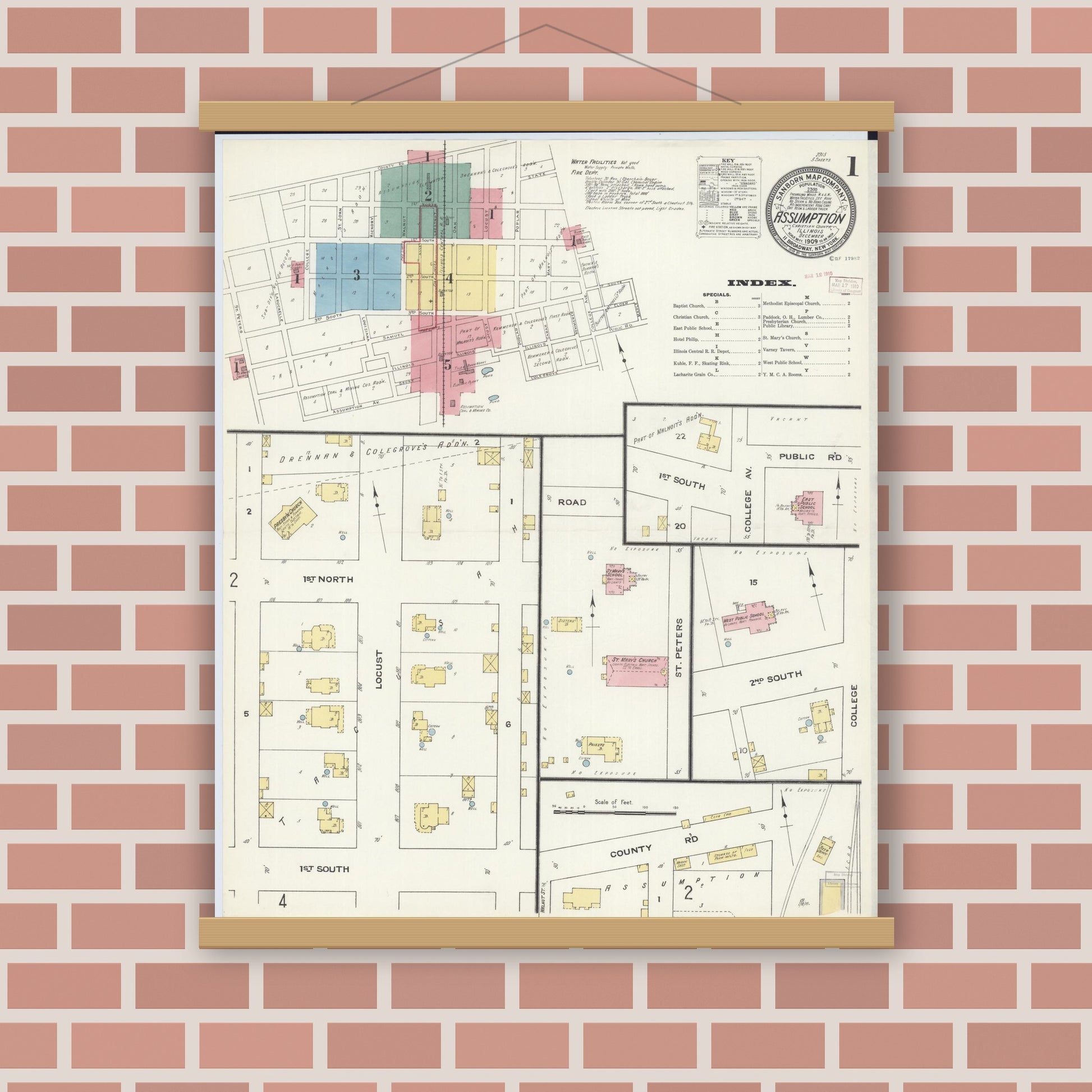 Old map wall art mockup — magnetic wood frame on brick wall — Sanborn Fire Insurance Map from Assumption, Christian County, Illinois (1909) - Complete Map Set