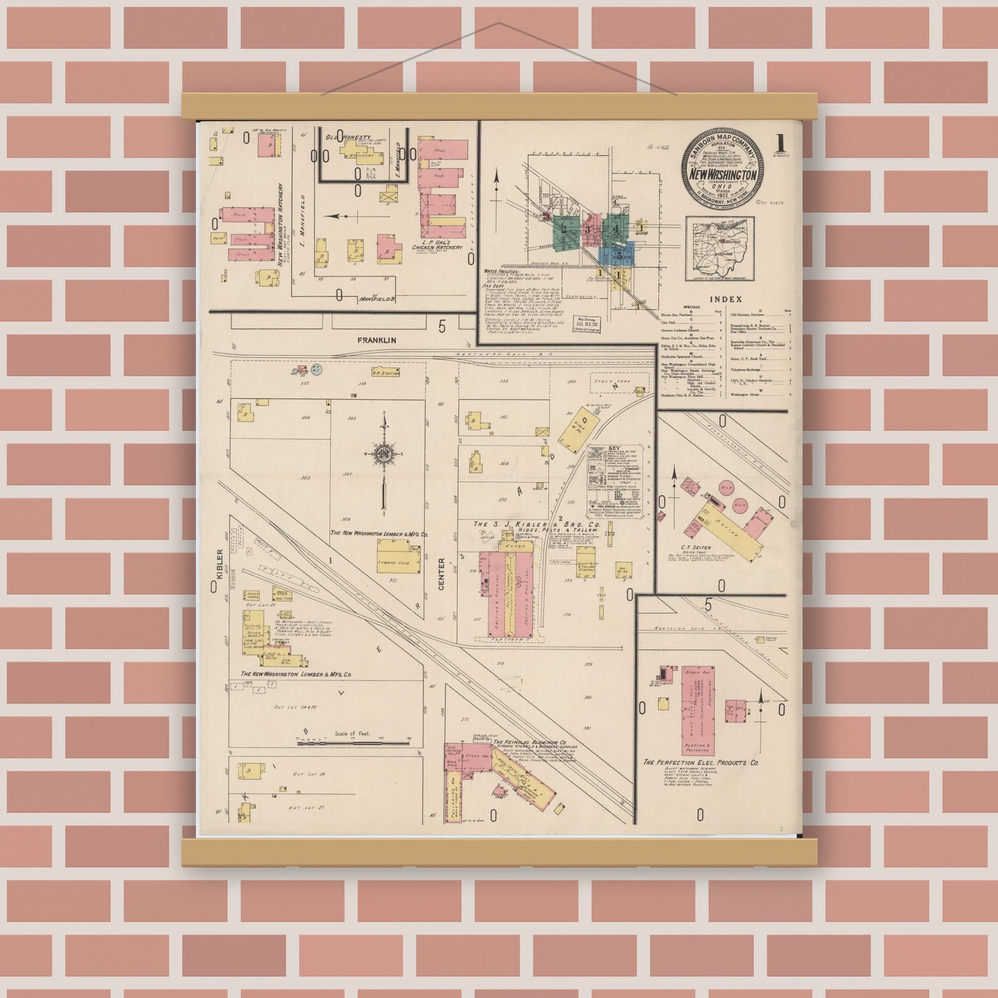 Old map wall art mockup — magnetic wood frame on brick wall — Sanborn Fire Insurance Map from New Washington, Crawford County, Ohio (1922), Sheet #0001