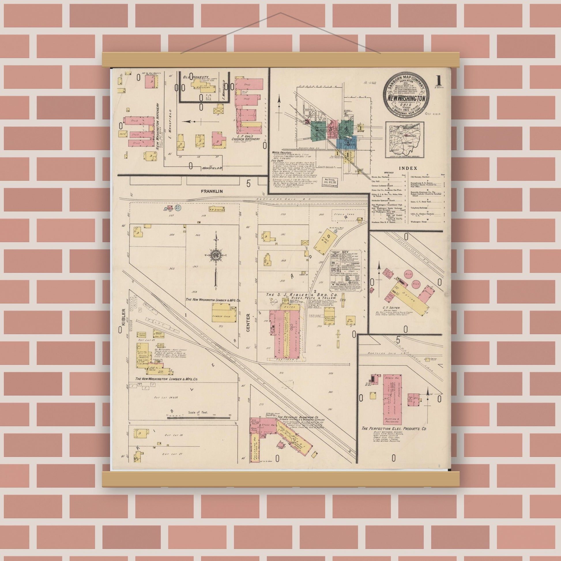 Old map wall art mockup — magnetic wood frame on brick wall — Sanborn Fire Insurance Map from New Washington, Crawford County, Ohio (1922), Sheet #0001