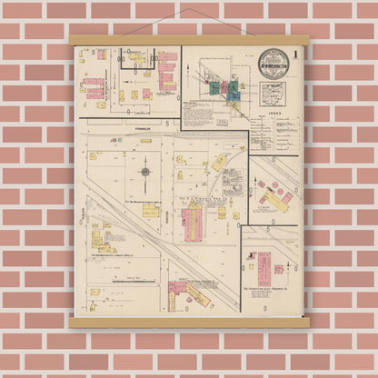 Old map wall art mockup — magnetic wood frame on brick wall — Sanborn Fire Insurance Map from New Washington, Crawford County, Ohio (1922), Sheet #0001