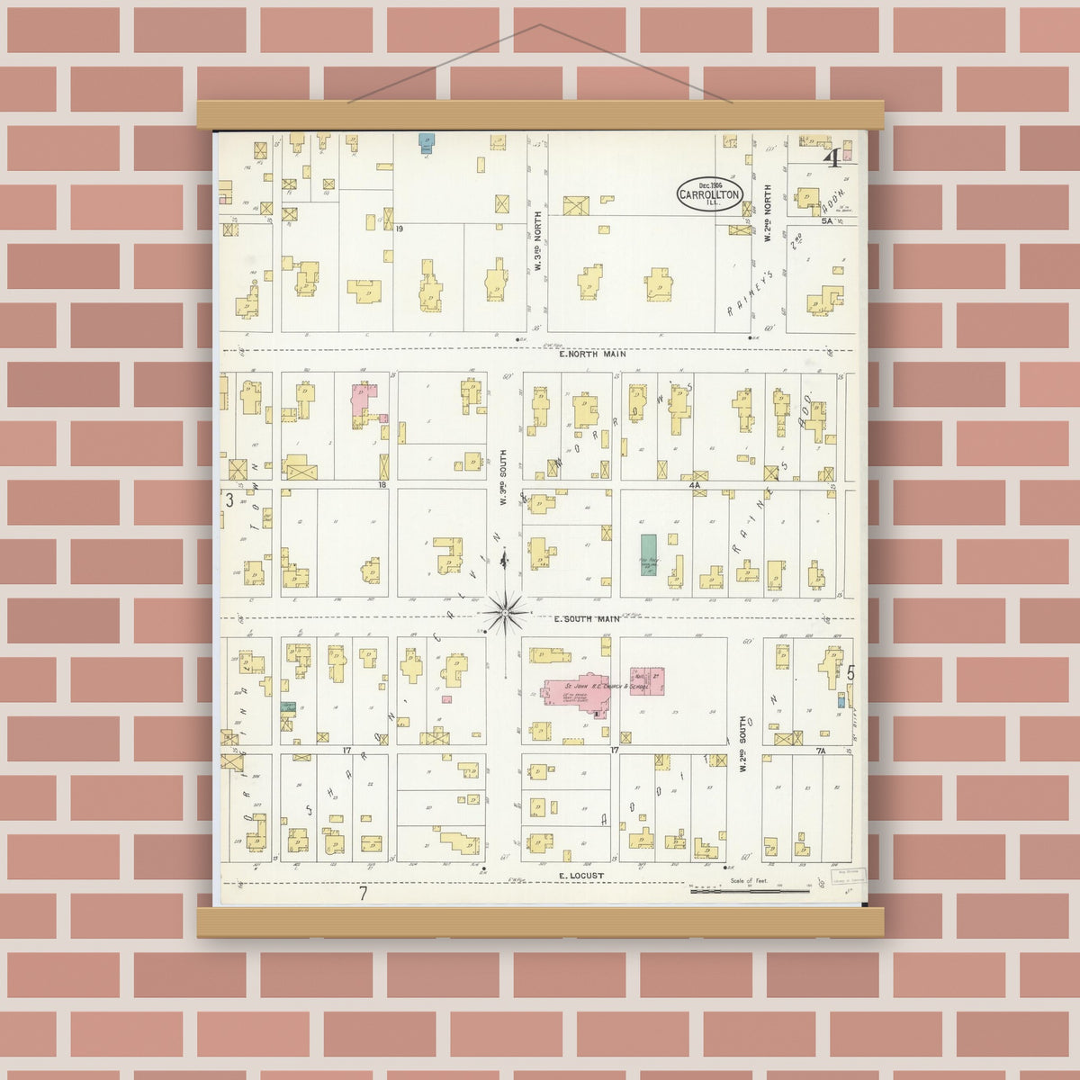Old map wall art mockup — magnetic wood frame on brick wall — Sanborn Fire Insurance Map from Carrollton, Greene County, Illinois (1906), Sheet #0004