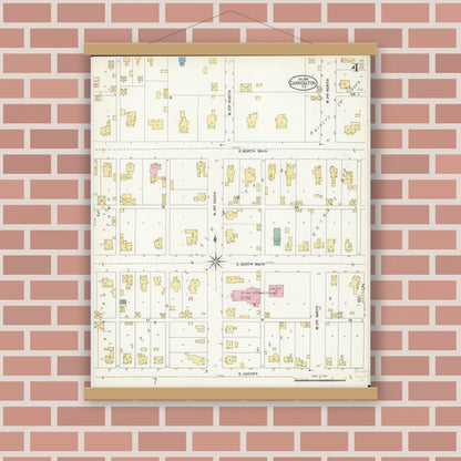 Old map wall art mockup — magnetic wood frame on brick wall — Sanborn Fire Insurance Map from Carrollton, Greene County, Illinois (1906), Sheet #0004