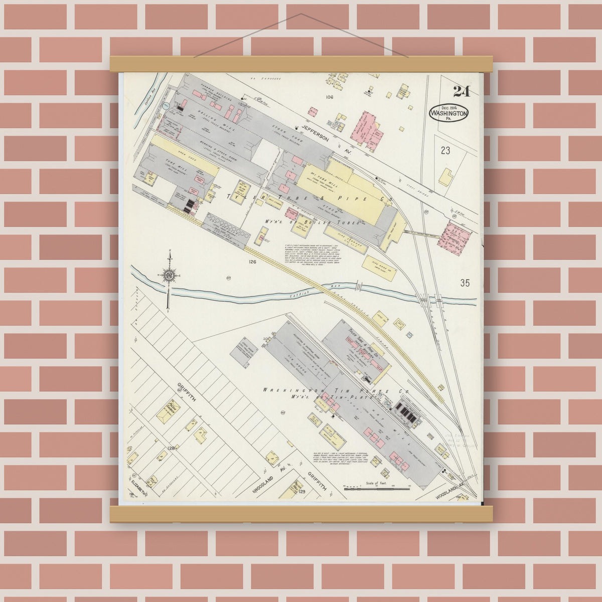 Old map wall art mockup — magnetic wood frame on brick wall — Sanborn Fire Insurance Map from Washington, Washington County, Pennsylvania (1914), Sheet #0024