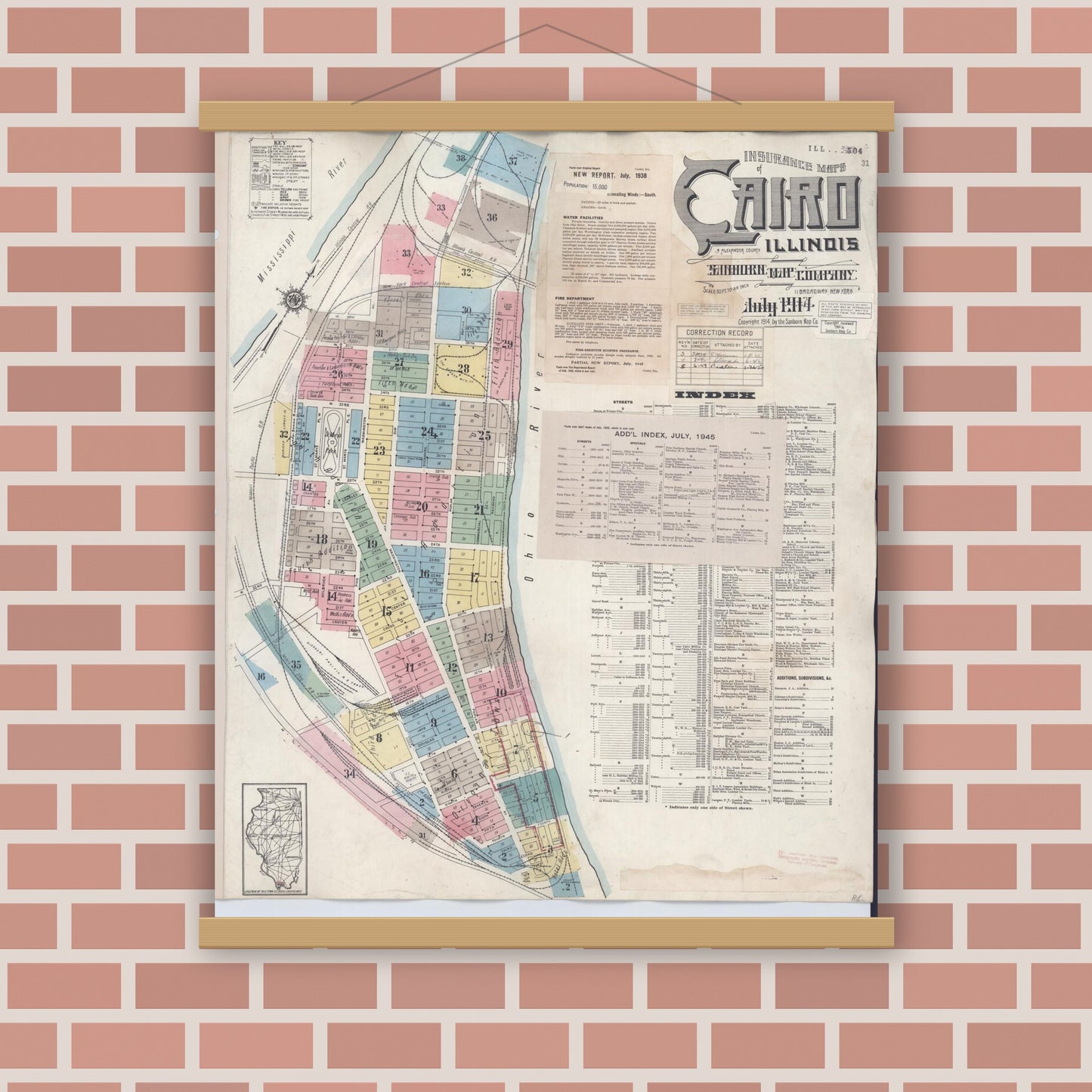 Old map wall art mockup — magnetic wood frame on brick wall — Sanborn Fire Insurance Map from Cairo, Alexander County, Illinois (1949), Sheet #0001