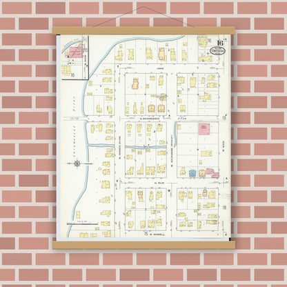 Old map wall art mockup — magnetic wood frame on brick wall — Sanborn Fire Insurance Map from Owosso, Shiawassee County, Michigan (1915), Sheet #0016