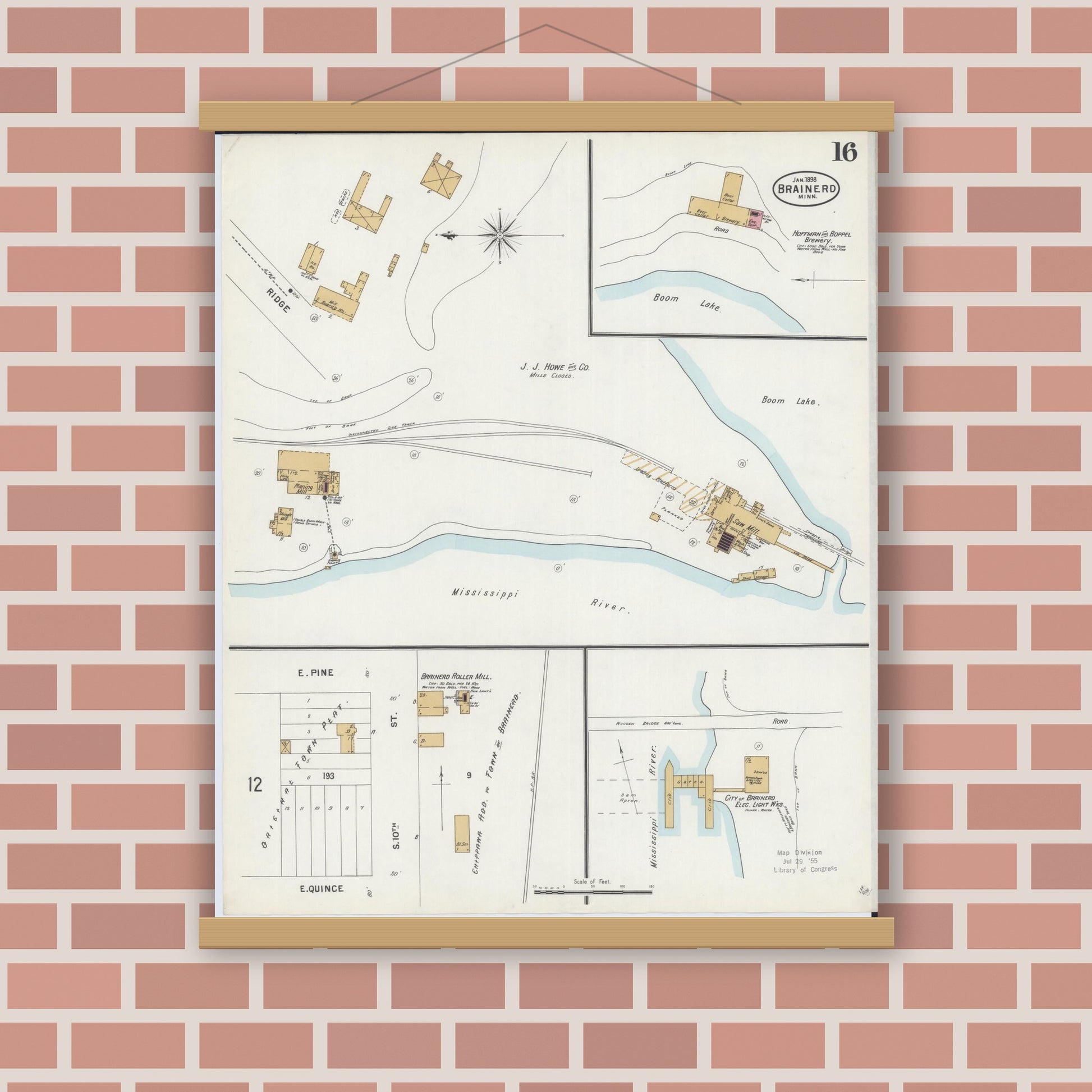 Old map wall art mockup — magnetic wood frame on brick wall — Sanborn Fire Insurance Map from Brainerd, Crow Wing County, Minnesota (1898), Sheet #0016