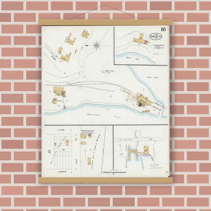 Old map wall art mockup — magnetic wood frame on brick wall — Sanborn Fire Insurance Map from Brainerd, Crow Wing County, Minnesota (1898), Sheet #0016