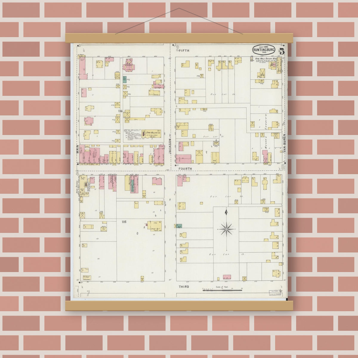 Old map wall art mockup — magnetic wood frame on brick wall — Sanborn Fire Insurance Map from Huntingburg, Dubois County, Indiana (1895), Sheet #0005