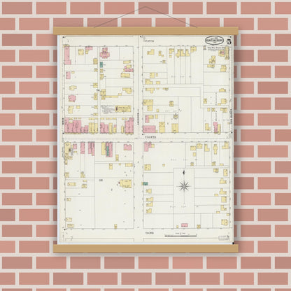 Old map wall art mockup — magnetic wood frame on brick wall — Sanborn Fire Insurance Map from Huntingburg, Dubois County, Indiana (1895), Sheet #0005