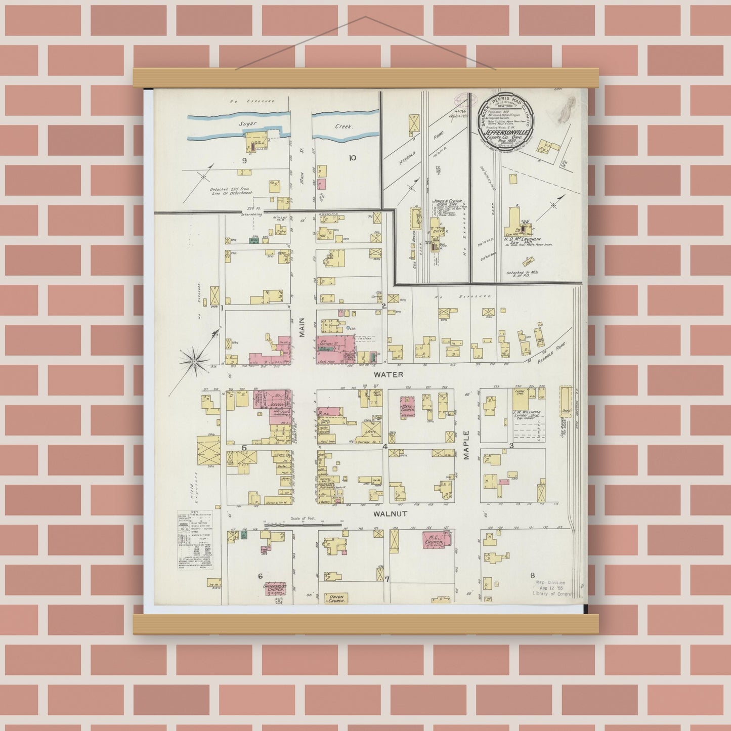 Old map wall art mockup — magnetic wood frame on brick wall — Sanborn Fire Insurance Map from Jeffersonville, Fayette County, Ohio (1893), Sheet #0001