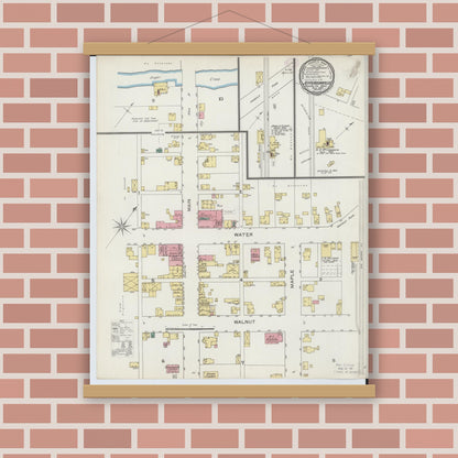 Old map wall art mockup — magnetic wood frame on brick wall — Sanborn Fire Insurance Map from Jeffersonville, Fayette County, Ohio (1893), Sheet #0001