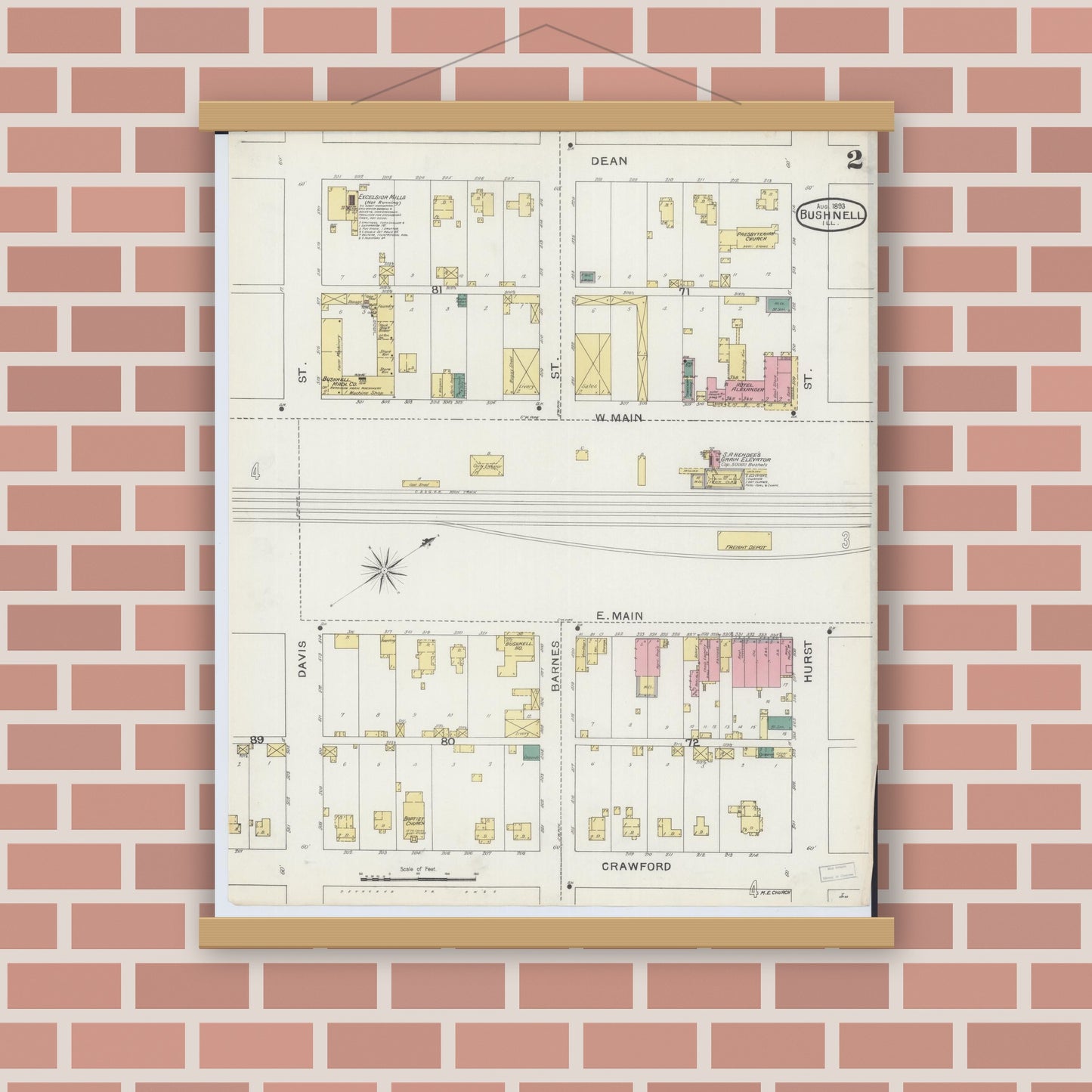 Old map wall art mockup — magnetic wood frame on brick wall — Sanborn Fire Insurance Map from Bushnell, Mcdonough County, Illinois (1893), Sheet #0002