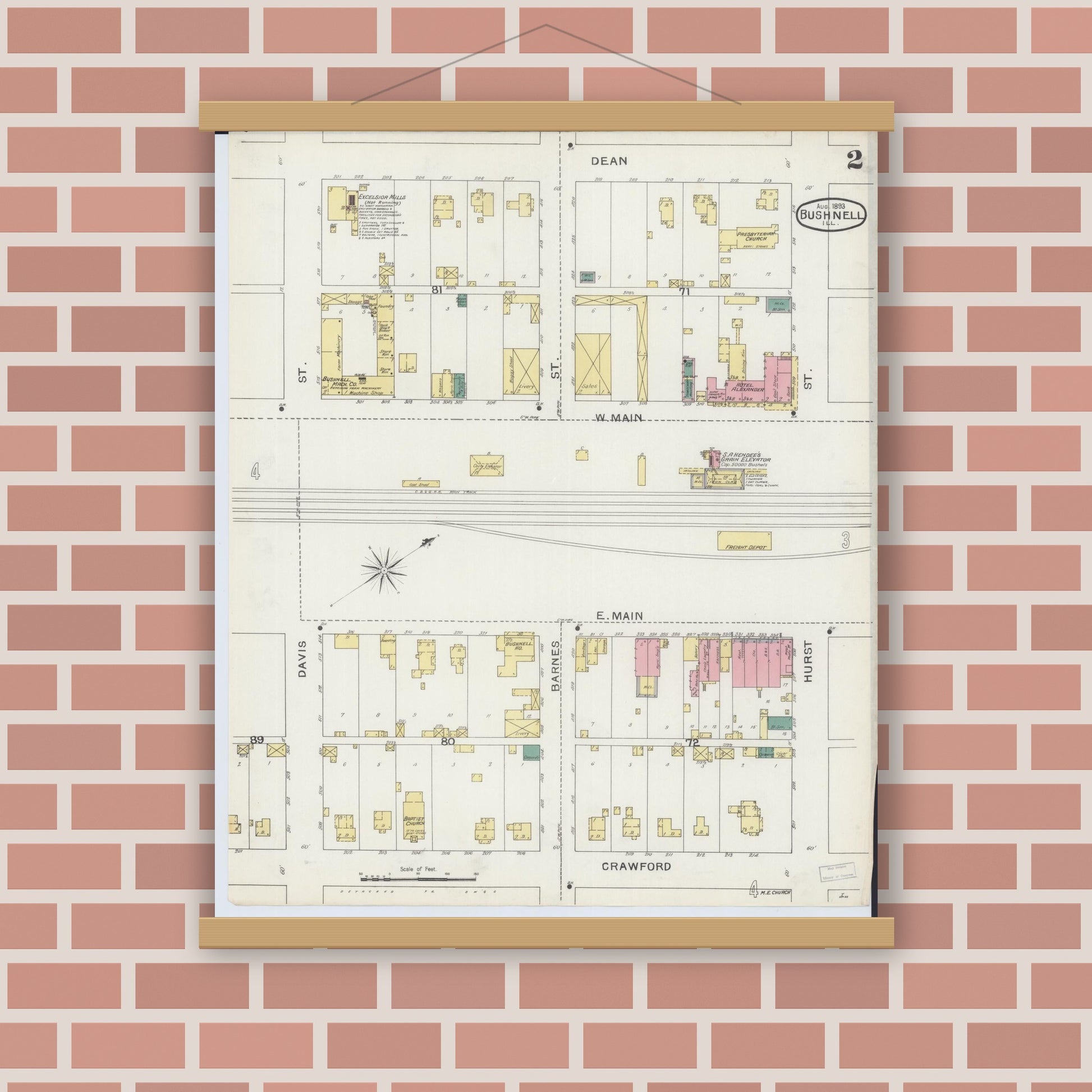 Old map wall art mockup — magnetic wood frame on brick wall — Sanborn Fire Insurance Map from Bushnell, Mcdonough County, Illinois (1893), Sheet #0002