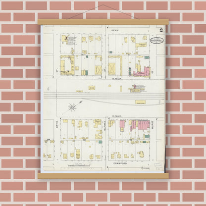 Old map wall art mockup — magnetic wood frame on brick wall — Sanborn Fire Insurance Map from Bushnell, Mcdonough County, Illinois (1893), Sheet #0002